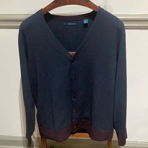 Perry Ellis men’s large navy cardigan with burgundy trim, 72% lenzing/28% poly.